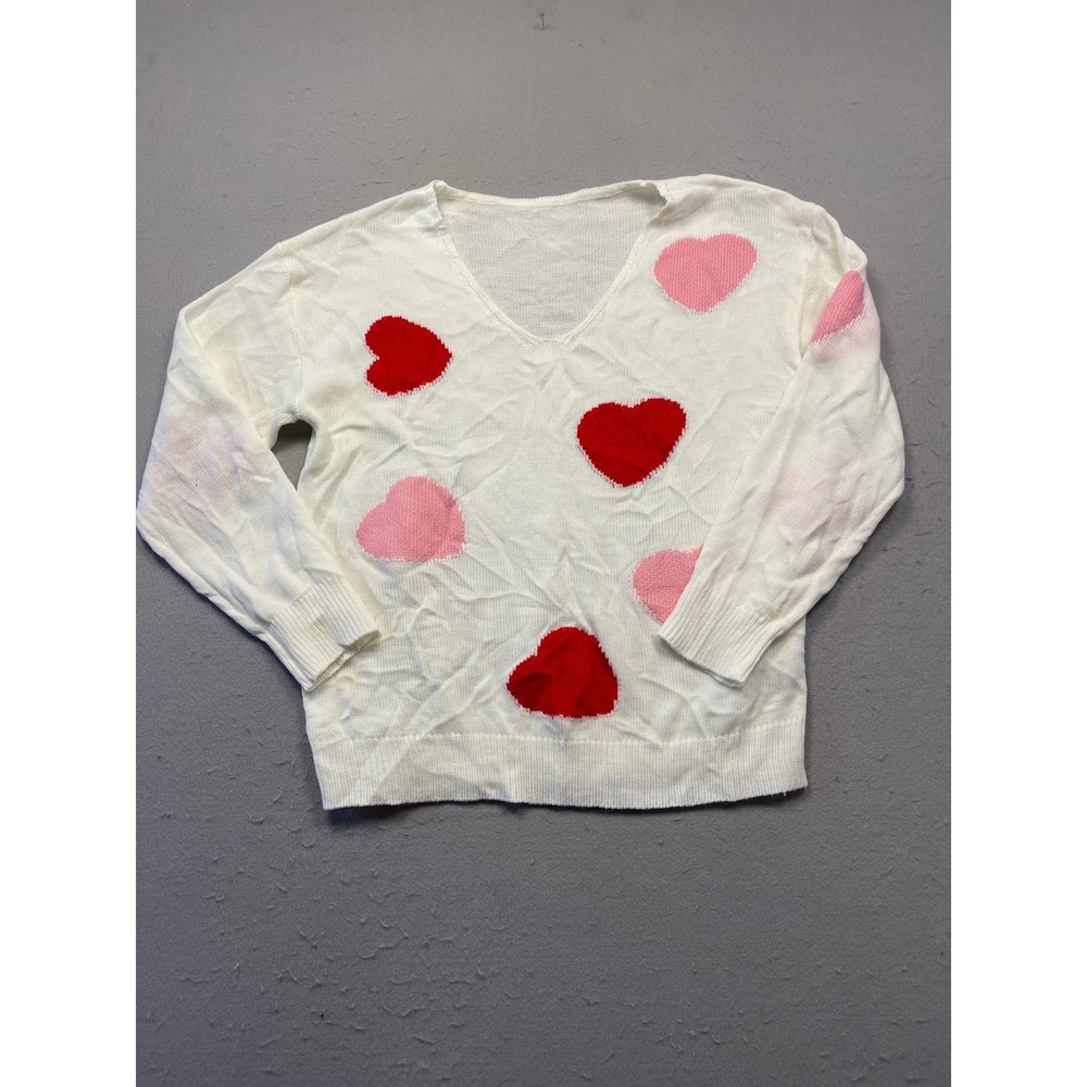 SHEIN V-Neck Sweater 100% Acrylic White Heart Print Large Womens